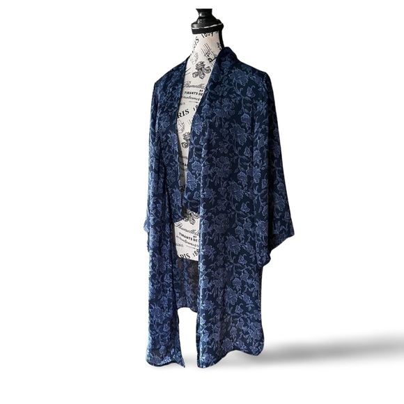 Tahari Blue Floral Kimono Duster Jacket L-XL - Picture 5 of 6